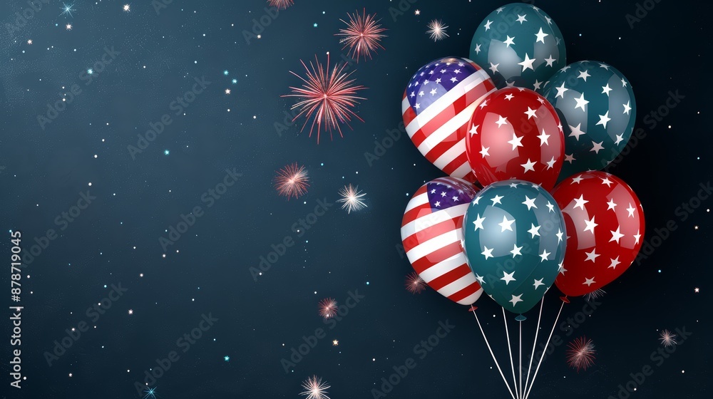 Fototapeta premium Happy Labor Day Sale horizontal banner with colorful helium balloons in American flag colors and stars pattern celebrating USA festive design copy space patriotic theme vibrant dou