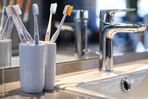 A stylish toothbrush holder with multiple toothbrushes, placed next to a sleek sink with modern fixtures.