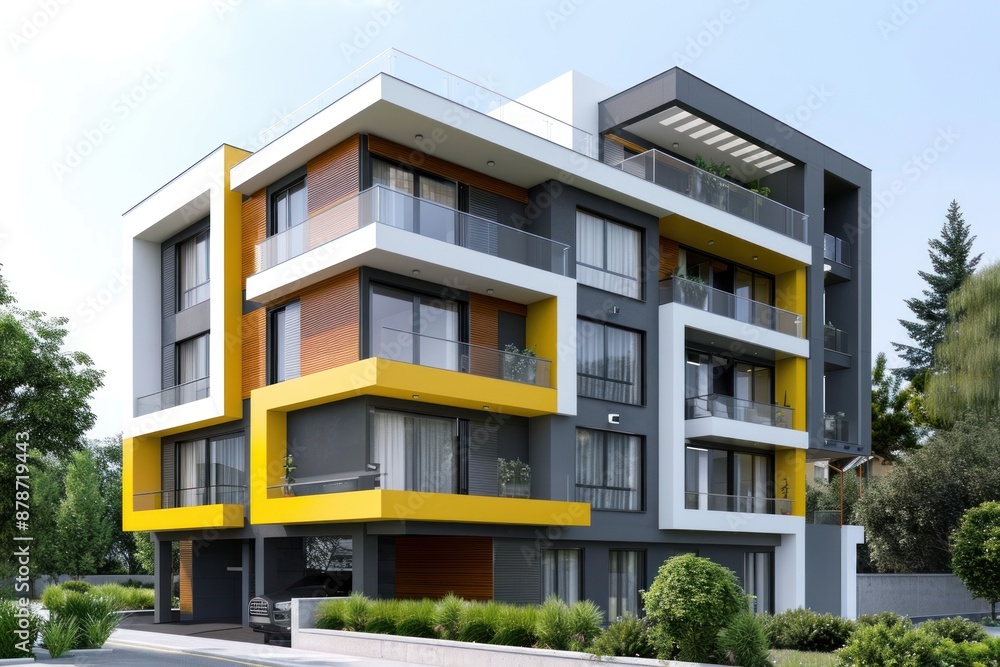 Fototapeta premium A contemporary apartment building with a sleek and modern design. The color palette is dominated