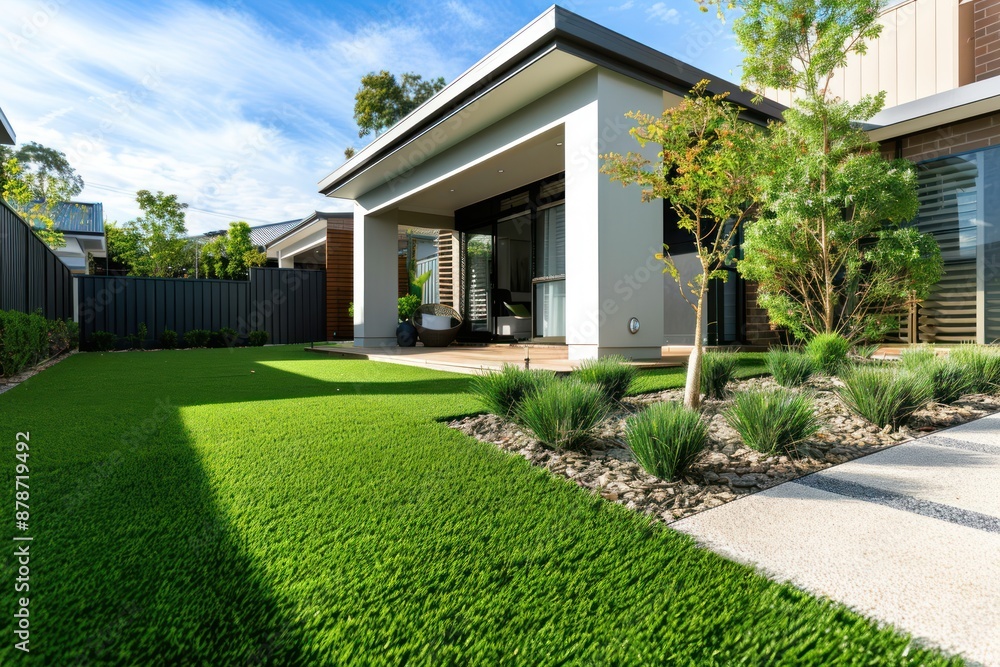A contemporary Australian home or residential building's front yard features artificial grass lawn turf A contemporary Australian home or residential building's front yard features artificial grass lawn turf