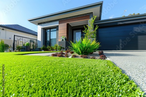 A contemporary Australian home or residential building's front yard features artificial grass lawn turf photo