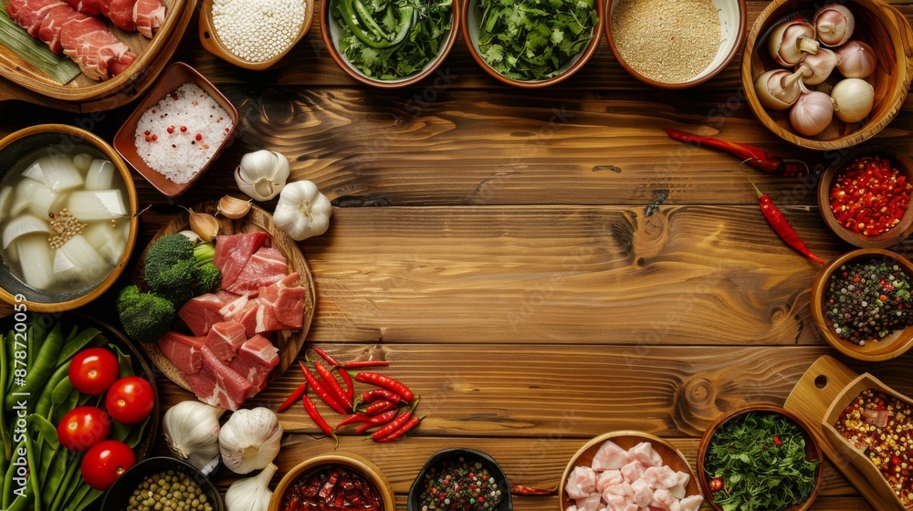 Ingredients for hot pot arranged neatly on a wooden table, ready to be cooked. Ingredients for hot pot arranged neatly on a wooden table, ready to be cooked.