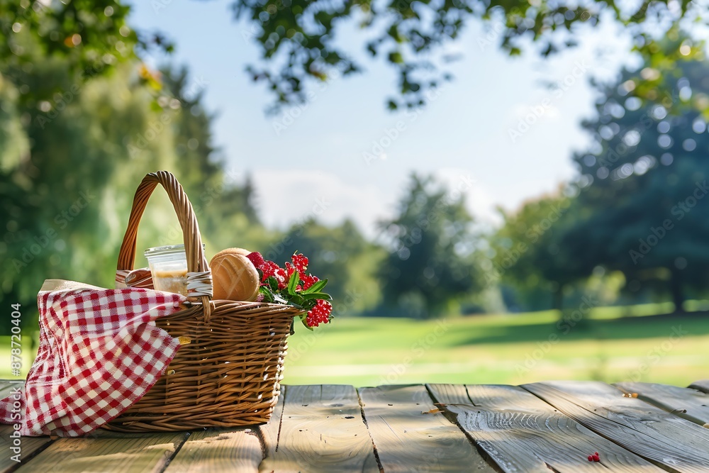 A luxury picnic basket with a backdrop of a picturesque park A luxury picnic basket with a backdrop of a picturesque park