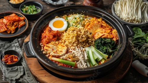 Korean army stew hot pot with kimchi, ramen noodles, and assorted vegetables.