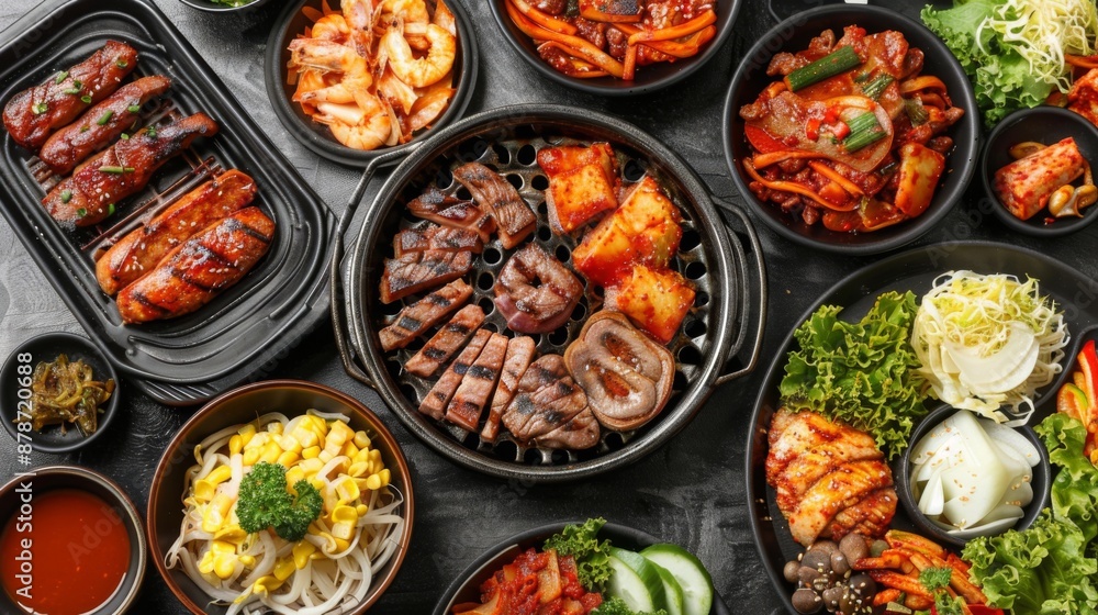 Korean barbecue feast with grilled meats, kimchi, and assorted banchan side dishes.