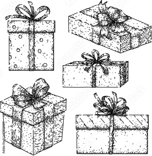 gift box set hand drawn. christmas sale, ribbon surprise, red card gift box vector sketch. isolated black illustration