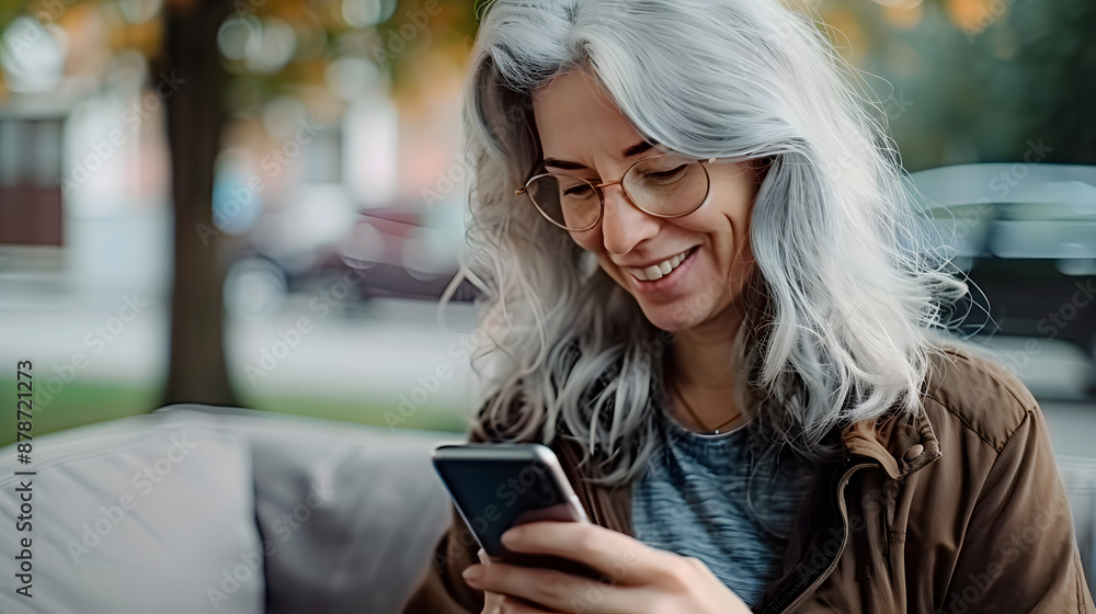 Beautiful happy senior woman with grey hair, using smartphone phone at home. Beautiful happy senior woman with grey hair, using smartphone phone at home.