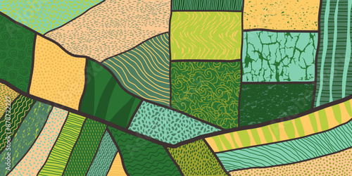 Agriculture field pattern, aerial view. Countryside grassland, farm land from top. Geometric farmland patches, padded mosaic country background, natural patchwork texture. Flat vector illustration