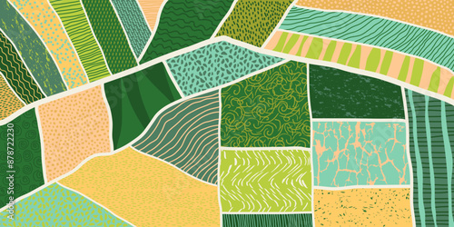Agriculture field pattern, aerial view. Countryside grassland, farm land from top. Geometric farmland patches, padded mosaic country background, natural patchwork texture. Flat vector illustration