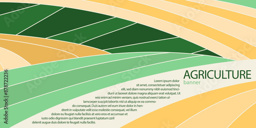 Abstract agriculture field or farm card banner with copy space. Countryside landscape, eco horizontal panorama template. Green nature organic background