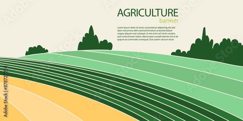 Abstract agriculture field or farm card banner with copy space. Countryside landscape, eco horizontal panorama template. Green nature organic background