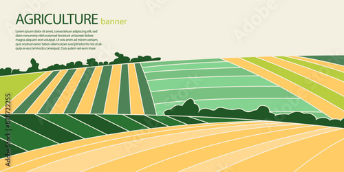 Abstract agriculture field or farm card banner with copy space. Countryside landscape, eco horizontal panorama template. Green nature organic background