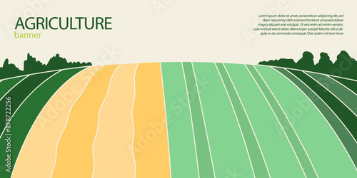 Abstract agriculture field or farm card banner with copy space. Countryside landscape, eco horizontal panorama template. Green nature organic background