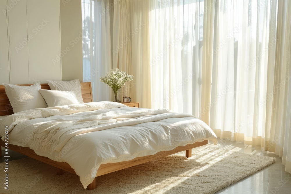 minimalist bedroom with an elegant wooden bed, white bedding, and soft fluffy pillows arranged in front of large windows with sheer curtains minimalist bedroom with an elegant wooden bed, white bedding, and soft fluffy pillows arranged in front of large windows with sheer curtains
