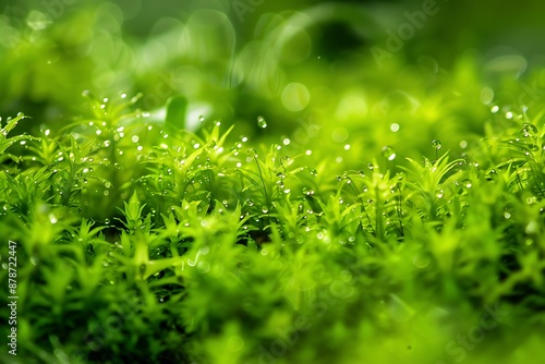 A macro shot of vibrant green moss with tiny water droplets