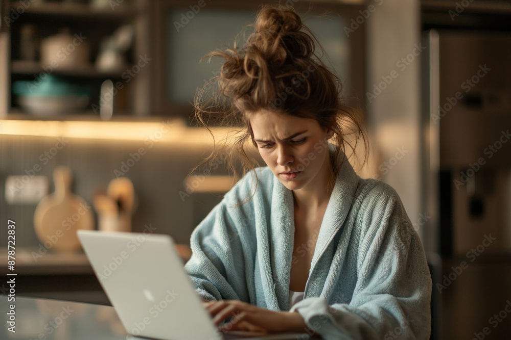 A young woman with a concerned expression and messy hair sits in a blue bathrobe, concentrating on her laptop in a modern kitchen with metallic and wooden elements. A young woman with a concerned expression and messy hair sits in a blue bathrobe, concentrating on her laptop in a modern kitchen with metallic and wooden elements.