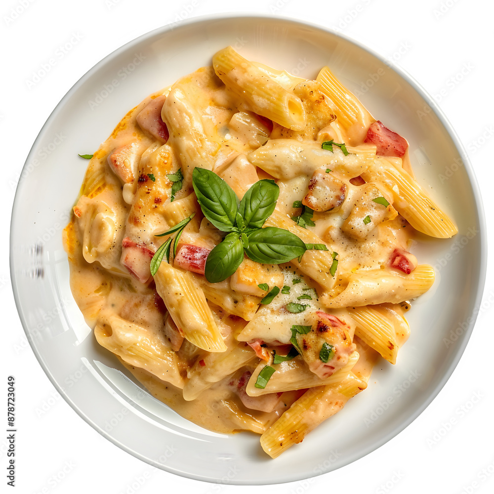 Creamy penne pasta dish with basil garnish Creamy penne pasta dish with basil garnish