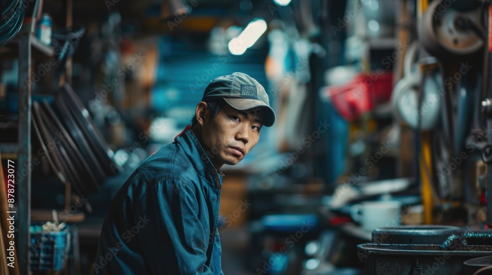 A mechanic in a busy automotive shop, looking directly at the camera A mechanic in a busy automotive shop, looking directly at the camera