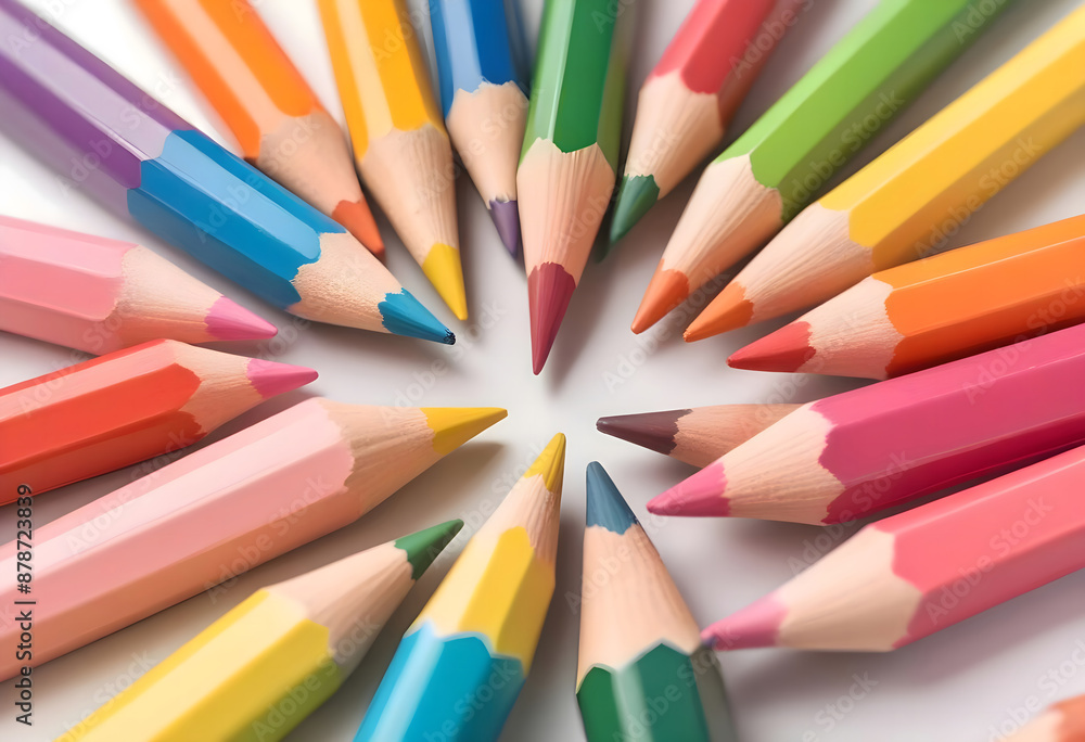 Fototapeta premium Top view of colorful pencils on white background with space for text