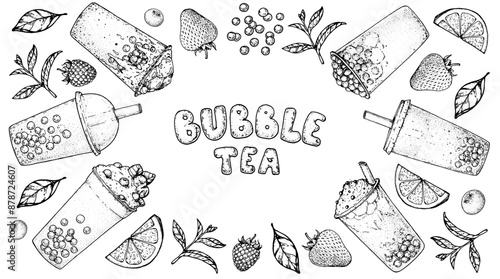 Bubble tea frame. Hand drawn vector illustration. Bubble tea sketch collection. Design template.