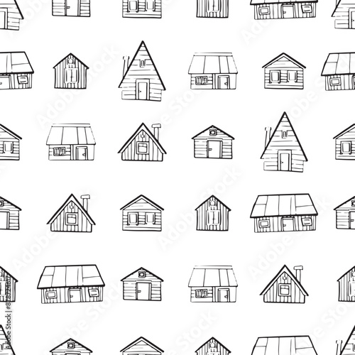 Seamless pattern village. A diverse set of house icons showcasing different architectural styles and structures. Black and white doodle buildings. Outline monochrome