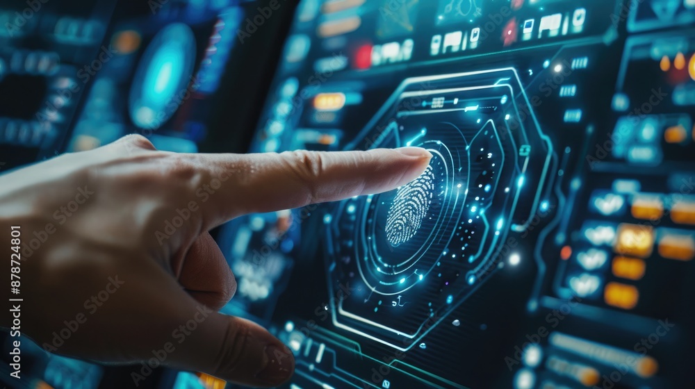 Person using a fingerprint scanner on a futuristic device for 2FA secure login, set against a high-tech control room backdrop. 2fa secure account login connection Person using a fingerprint scanner on a futuristic device for 2FA secure login, set against a high-tech control room backdrop. 2fa secure account login connection