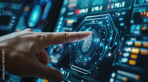 Person using a fingerprint scanner on a futuristic device for 2FA secure login, set against a high-tech control room backdrop. 2fa secure account login connection © cvetikmart