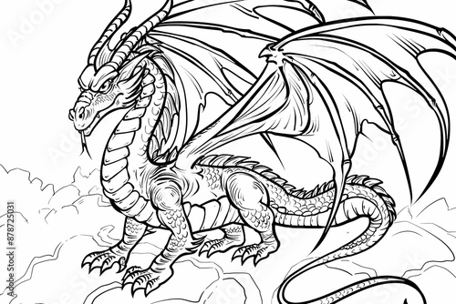 Intricate dragon-themed adult coloring book page with detailed patterns. © Nikita