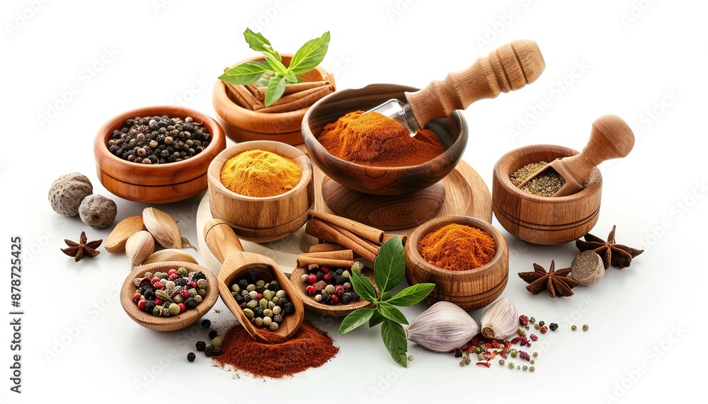 Composition with different spices and mortar on white background Composition with different spices and mortar on white background