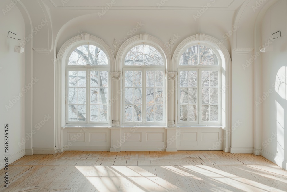 A large room with three arched windows and a white wall A large room with three arched windows and a white wall