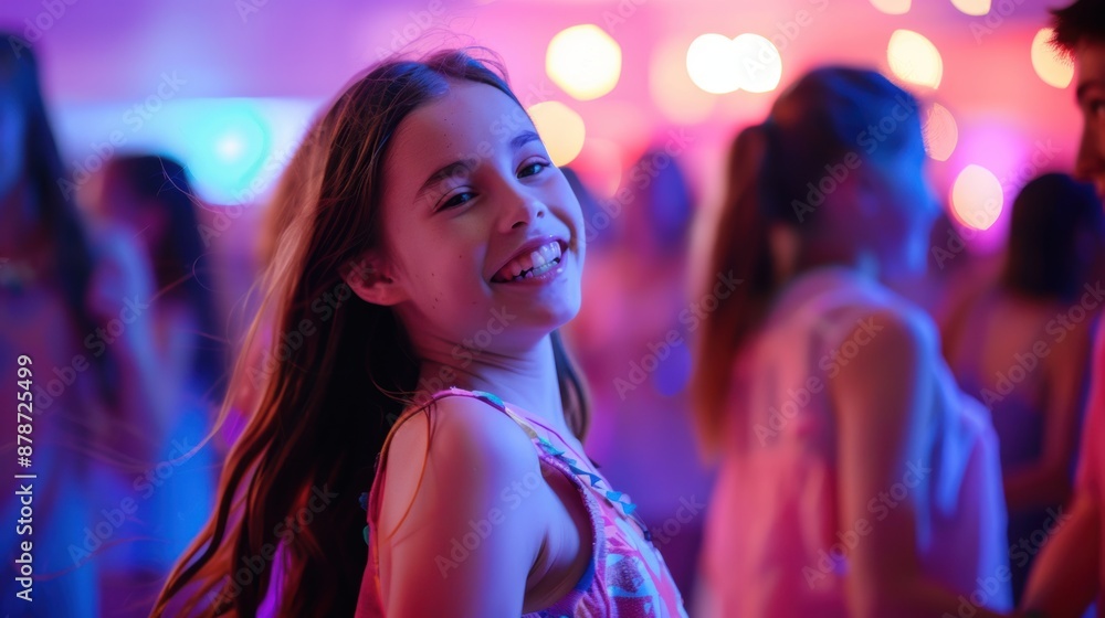 Young girl smiles at party under colorful lights Young girl smiles at party under colorful lights