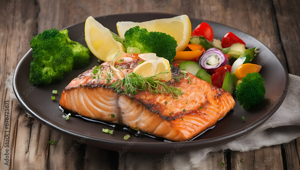 plate of grilled salmon steak with vegetables on wooden table, Generative AI
plate of grilled salmon steak with vegetables on wooden table, Generative AI