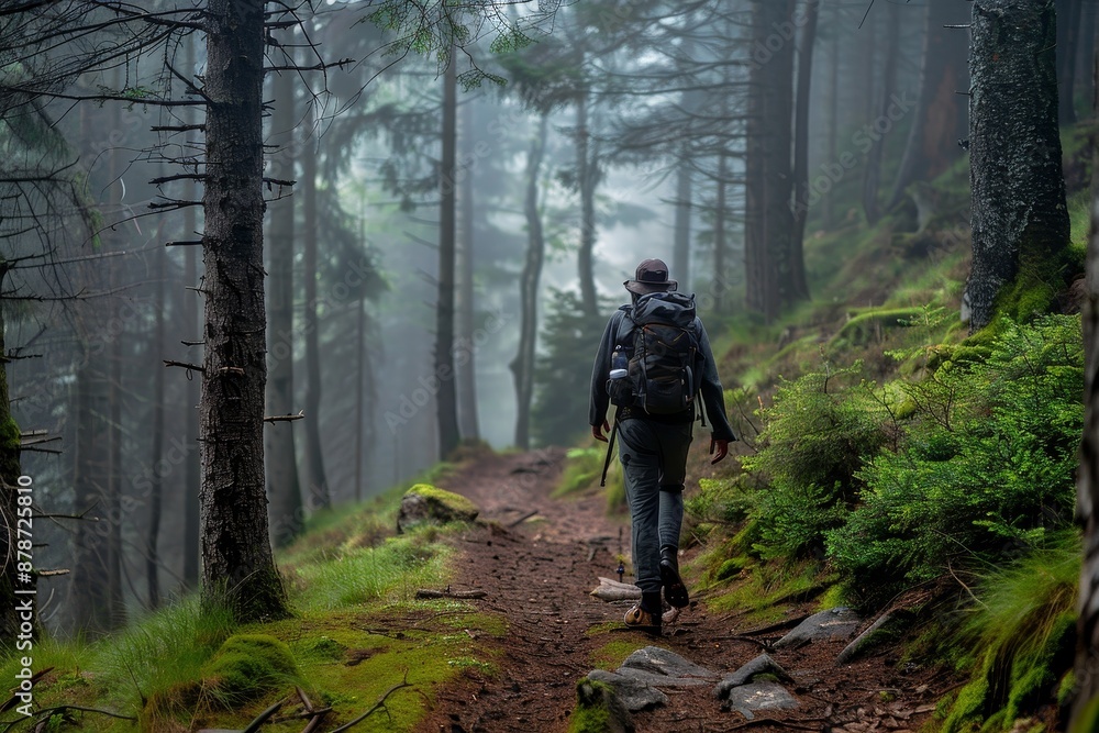 A person with a backpack walks along a trail in the peaceful woods, Convey the simplicity and tranquility of life on the trail A person with a backpack walks along a trail in the peaceful woods, Convey the simplicity and tranquility of life on the trail