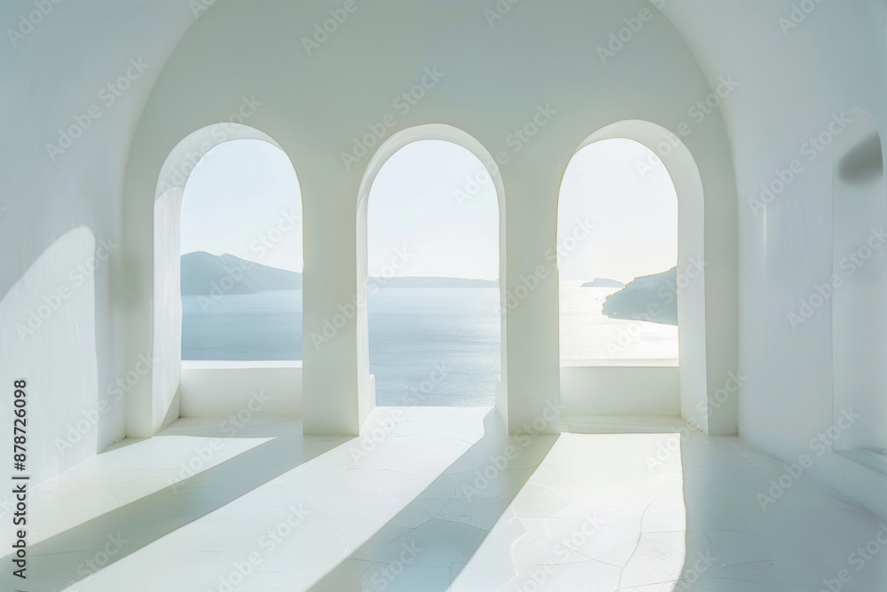 A white room with three arched windows overlooking the ocean A white room with three arched windows overlooking the ocean