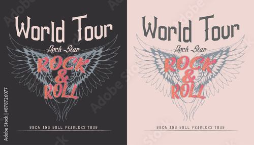 Rock and roll vintage print design. Music world tour vector artwork for apparel, stickers, posters, background and others. Eagle wing and diamond design. Rebel rock music poster design.
