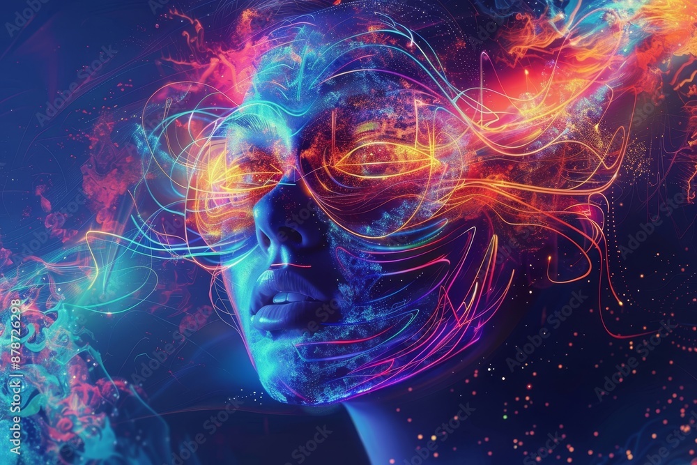 A womans face is brightly lit up by neon lights, showcasing a bold and vibrant display of colors, Conveying the power and resilience of genuine individuals in a digital design A womans face is brightly lit up by neon lights, showcasing a bold and vibrant display of colors, Conveying the power and resilience of genuine individuals in a digital design