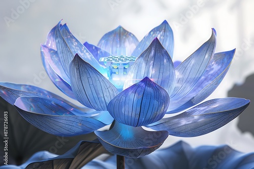 A mechanical lotus flower opening its petals to reveal a holographic center