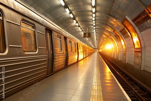 A modern subway station illuminated by the golden hues of a sunset. The sleek train stands at the platform while the glowing lighting creates a serene atmosphere.