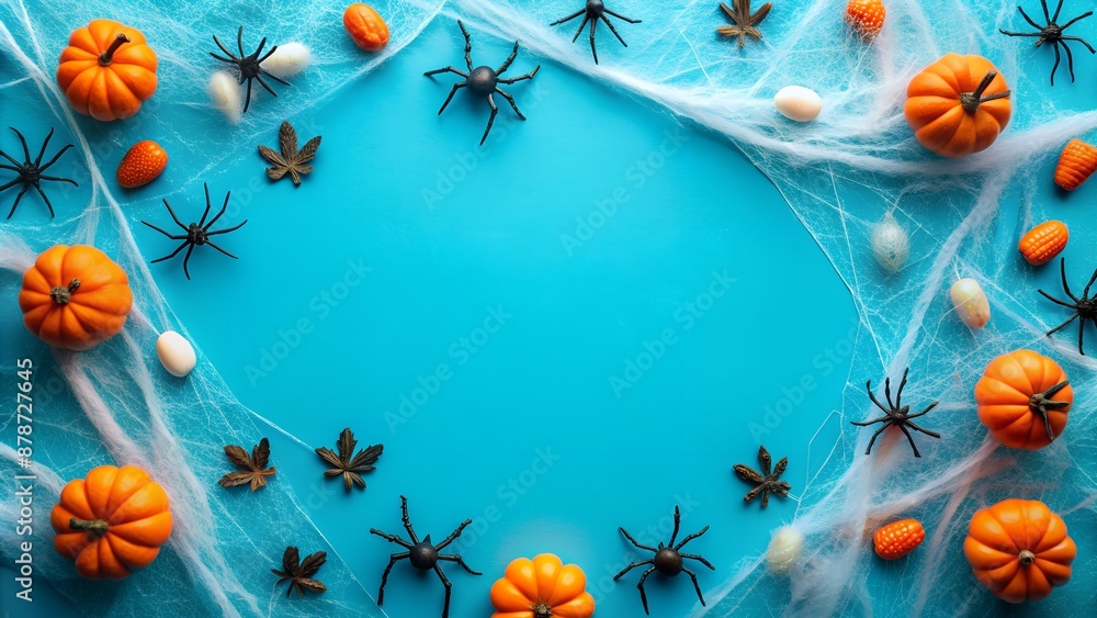 Obraz premium Happy halloween flat lay mockup with spiders, decoration and spider web on blue background. 
