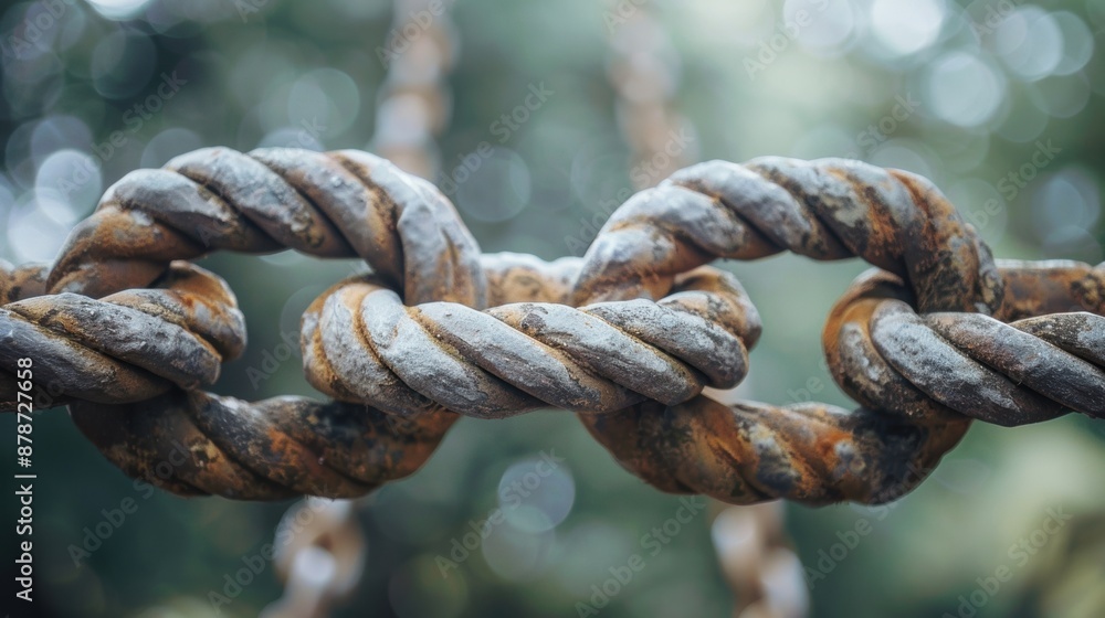 Closeup of a rusty chain link intertwined in a natural setting Closeup of a rusty chain link intertwined in a natural setting