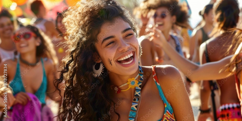 A young woman with long curly hair laughs and dances at a summer music festival A young woman with long curly hair laughs and dances at a summer music festival