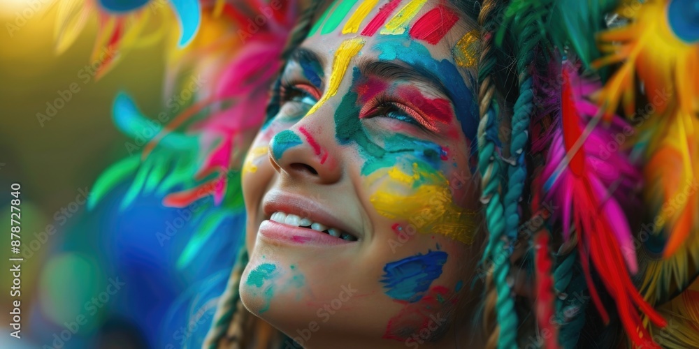 A woman smiles brightly, her face painted with vibrant colors, surrounded by a flurry of feathers A woman smiles brightly, her face painted with vibrant colors, surrounded by a flurry of feathers