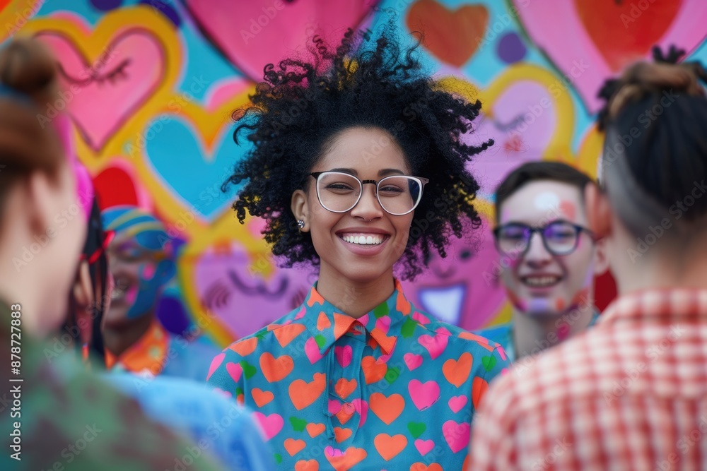 A woman with curly hair and glasses smiles brightly as she stands in front of a wall covered in colorful hearts A woman with curly hair and glasses smiles brightly as she stands in front of a wall covered in colorful hearts