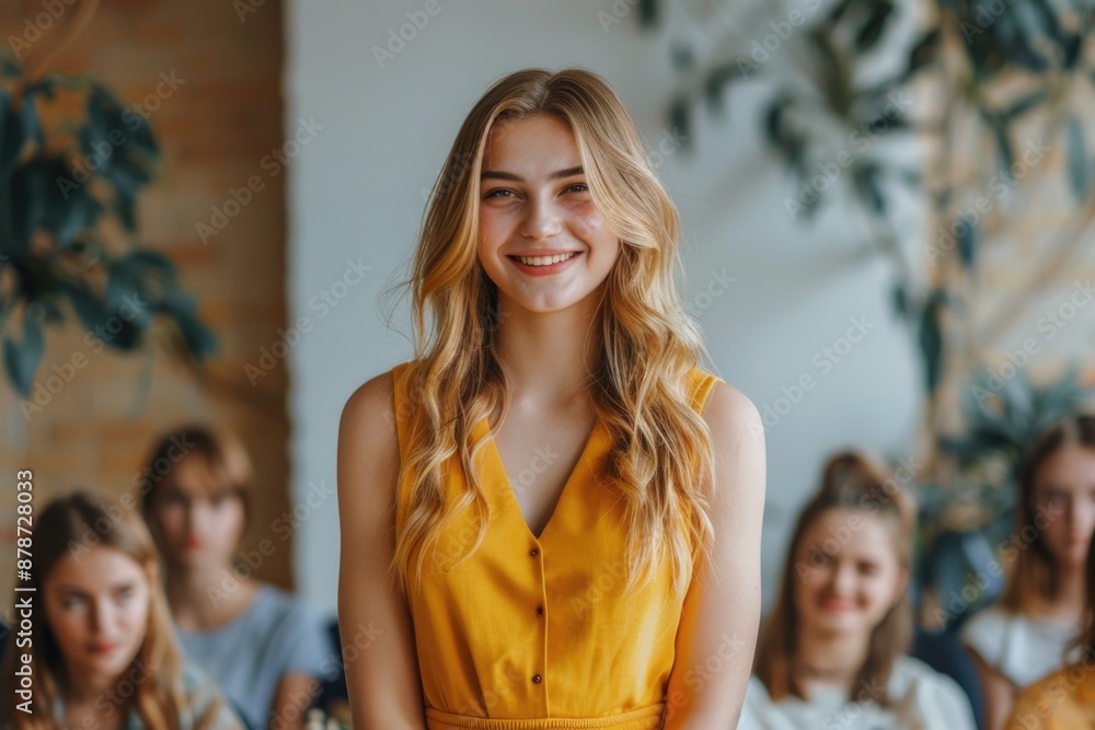 A young woman in a yellow dress smiles confidently at the camera, surrounded by other individuals in a blurred background A young woman in a yellow dress smiles confidently at the camera, surrounded by other individuals in a blurred background