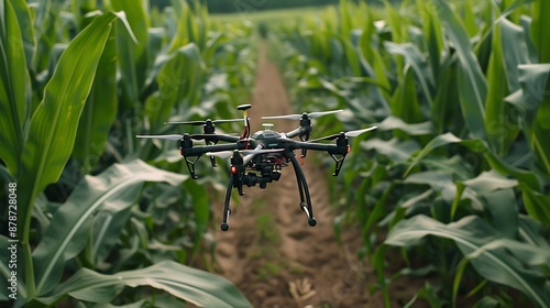 Drone quadcopter in a field of green corn