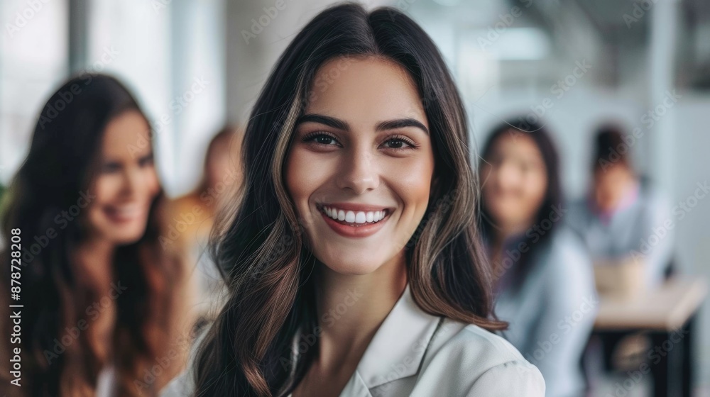 A young woman, with a bright smile, looks directly at the camera in an office setting A young woman, with a bright smile, looks directly at the camera in an office setting