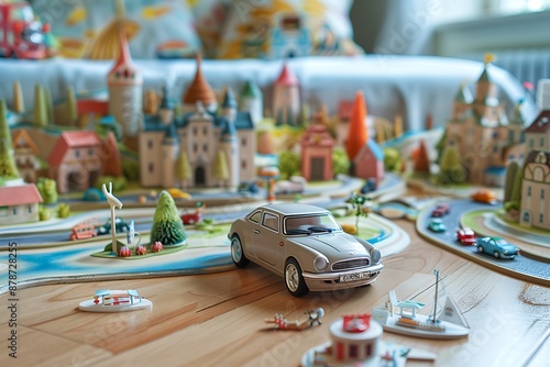 A miniature, toy car parked on a child's bedroom floor, surrounded by fantastical miniature buildings and landscapes