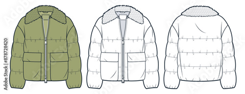 Down Jacket with fur collar technical fashion Illustration. Puffer Jacket, Outerwear technical drawing template, zip-up, pocket, front, back view, white, olive green, women, men, unisex CAD mockup set