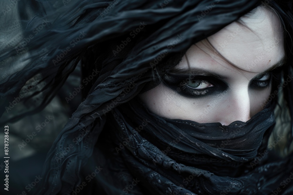 A woman's piercing gaze emerges from beneath a dark, flowing veil A woman's piercing gaze emerges from beneath a dark, flowing veil