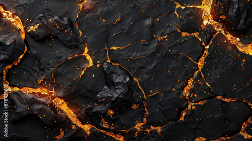 Czarne tło - surowiec skalny. Magma wypływająca na powierzchnię ziemi. Złota lawa wulkaniczna spod czarnych skał. Tło lub tapeta. Szablon na baner internetowy